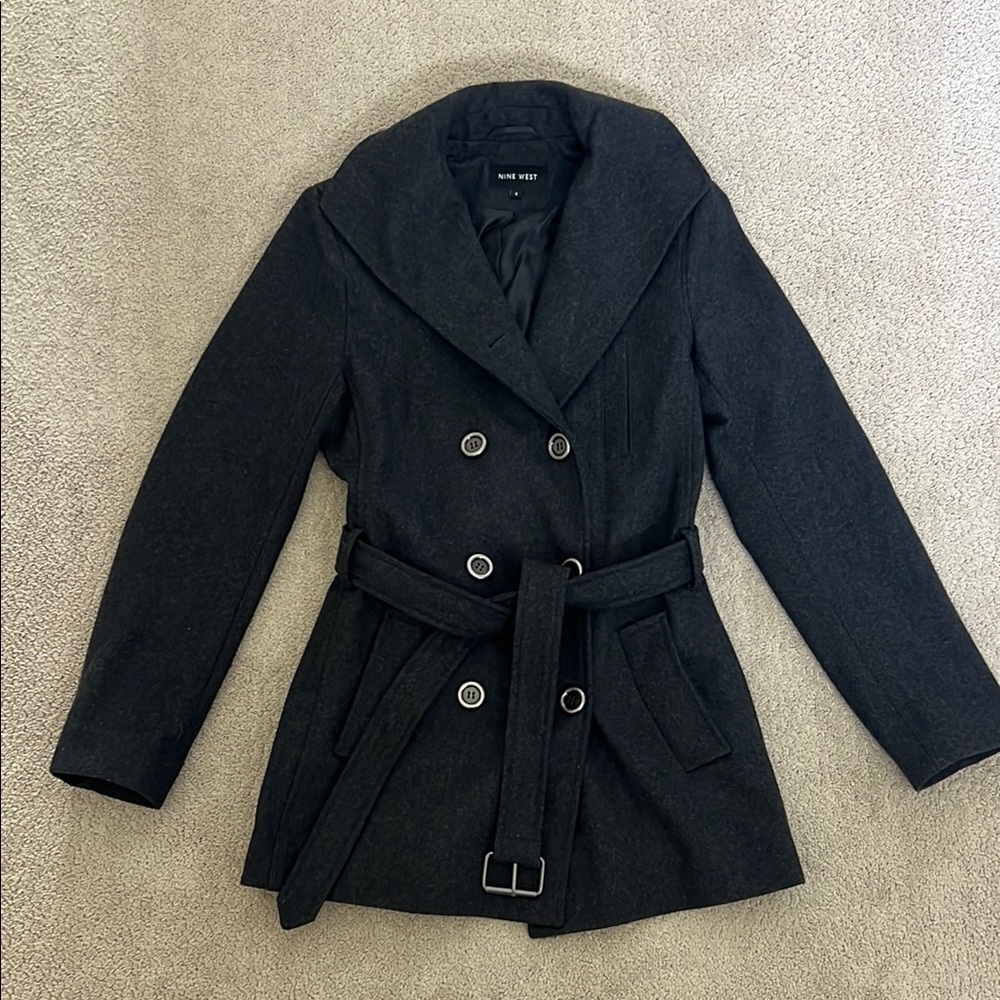 NINE WEST dark grey pea coat with pockets and belt 50% wool